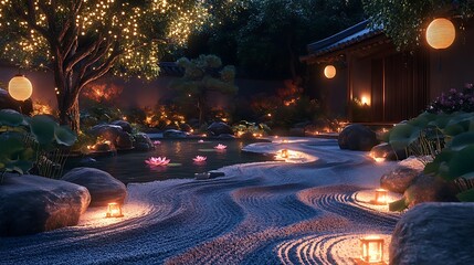 Obraz premium A mystical zen garden illuminated by lanterns, featuring a vibrant lotus pond surrounded by fine sand patterns, a peaceful stone path, and a tranquil bonsai tree, dramatic cinematic light effects.