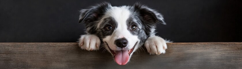 Playful dog with a happy expression peeking over a wooden table against a dark backdrop.