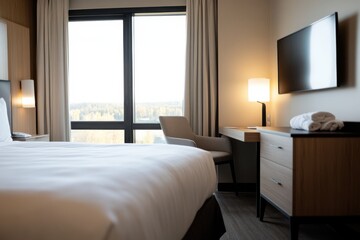 A contemporary hotel room that boasts large windows offering expansive views, a comfy bed, and modern furnishings perfect for a relaxing stay.