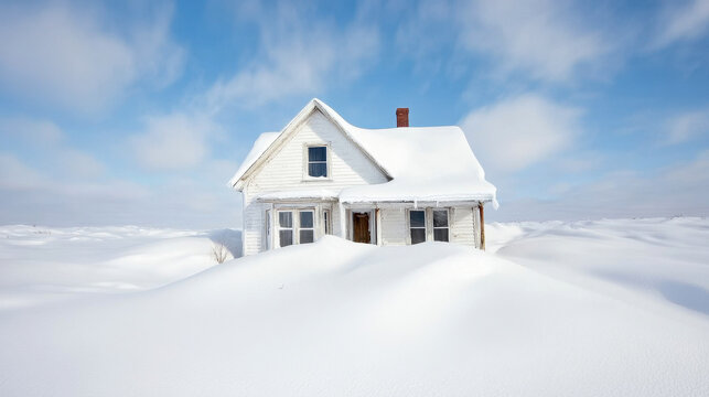 Victorian house surrounded by deep snowdrifts under a bright winter sky - Powered by Adobe