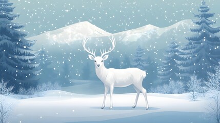 A majestic white deer with perfect antlers, and beautiful winter scenery