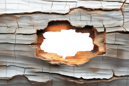 hole in the wood wall, hole break through wooden board plank, decor frame, white transparent background. cutout png