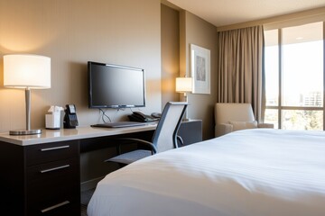 Fototapeta premium This elegant bedroom features modern touches, including a television and stylish furniture, providing a cozy escape intertwined with entertainment and comfort.