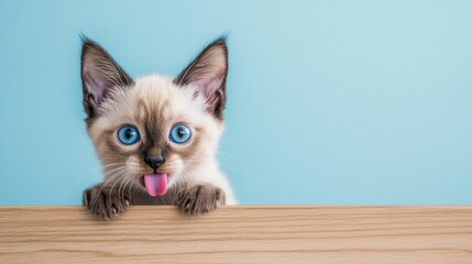 Playful kitten with blue eyes peeking over a wooden table against a light blue background.