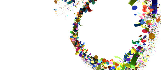 A vibrant burst of confetti and ribbons flying through the air, perfect for celebration and party themes.