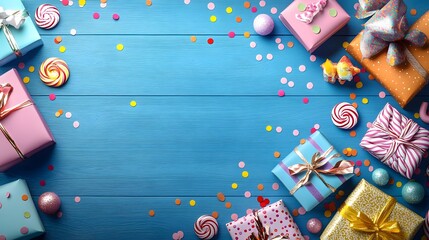 Colorful Gift Boxes Sweets and Confetti on a Blue Wooden Table Birthday Background AI Generated