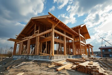 Obraz premium Team of Builders Working on Timber Frame House Construction in the Sunshine