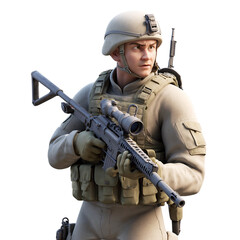 Military Combat Soldier  Armed with a Sniper Rifle, Ready for Action. Transparent Background.