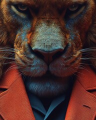 A lion with a red coat on and a black tie