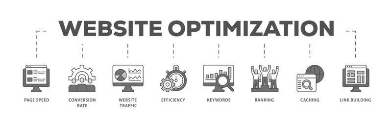 Website optimization infographic icon flow process which consists of page speed, conversion rate, website traffic, efficiency, keywords, ranking, caching  icon live stroke and easy to edit .