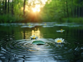 Naklejka premium Water surface, ripples and reflections, aquatic plants, soft lighting, tranquil atmosphere
