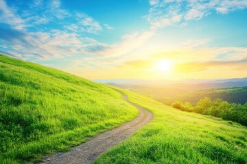 Fototapeta premium Serene Sunset Landscape: A Picturesque Hilltop Path at Golden Hour