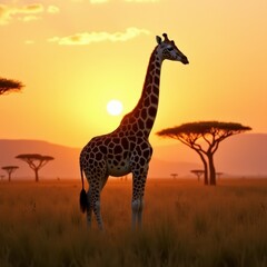 Obraz premium A majestic giraf captured during sunset, highlighting its distinctive coat and long, elegant neck.