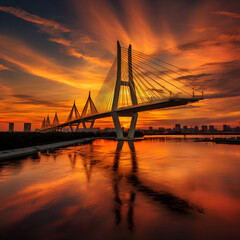 Obraz premium Spectacular Sunset View of Bhumibol Bridge, the Industrial Ring Road Bridge in Thailand
