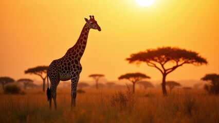 Obraz premium Giraf basking in the warm glow of the setting sun, its lifelike details blending into the savanna.