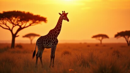 Obraz premium Giraf in the savanna, surrounded by acacia trees and illuminated by the soft hues of dusk.