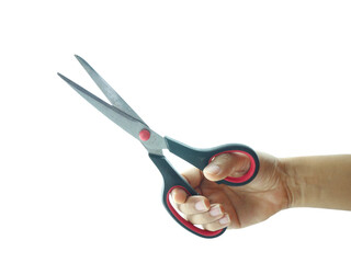 Female hand holding Scissors isolated on white background.