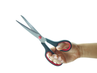 Female hand holding Scissors isolated on white background.