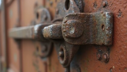 Close up of rusted and weathered shipping container lock with intricate details and worn metal surface