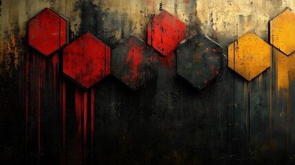 Modern grunge glitch graphics elements with emphasis on hexagons and shades of red, orange and yellow on an old dirty wall