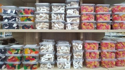 Colorful sweets candies displayed at a food market