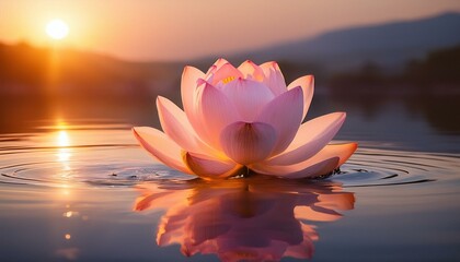 穏やかな湖に一輪のピンクの蓮の花が静かに浮かび、その反射に囲まれ、暖かい夕日が水面に静かな輝きを放っている