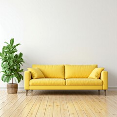 View of living room in minimal style with yellow sofa and fiddle fig on laminate floor with empty wall background.