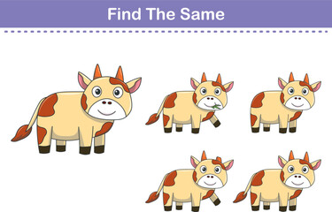 Obraz premium Funny cartoon cow. Find same pictures. Educational game for children. Cartoon vector illustration