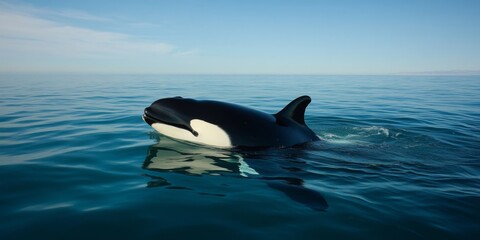 Fototapeta premium A stunning orca breaching the surface of calm ocean waters. The peaceful scene captures the beauty of marine life. Ideal for nature lovers. Perfect for educational purposes. AI