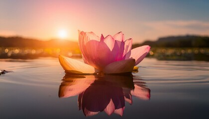 穏やかな湖に一輪のピンクの蓮の花が静かに浮かび、その反射に囲まれ、暖かい夕日が水面に静かな輝きを放っている
