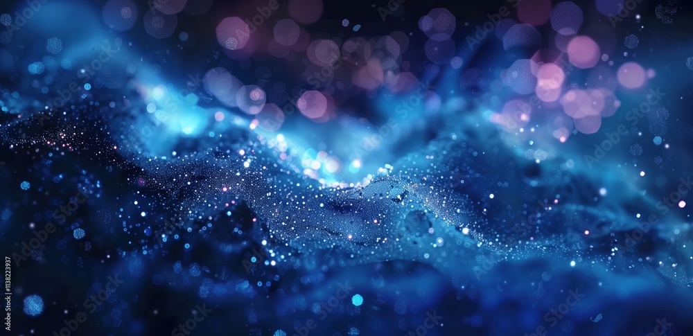 Wall mural blue sparkles and bokeh on dark background with copy space. abstract technology concept