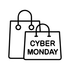 shopping bags with cyber monday deals icon, cyber monday line art, cyber icon - simple black line art icon of shopping bags with cyber monday deals, for cyber monday celebrations. cyber vector art.