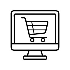 shopping cart with computer screen icon, cyber monday line art, cyber icon - simple black line art icon of shopping cart with computer screen, for cyber monday celebrations. cyber vector art.