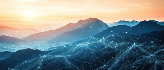 mountain range with interconnected ideas, symbolizing long-term vision