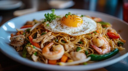 A vibrant Indonesian Mie Goreng, a stir-fried noodle dish with shrimp, chicken, vegetables, and a fried egg on top