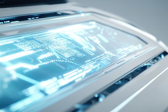 Futuristic transparent display showcasing glowing blue digital code and data streams. - Powered by Adobe