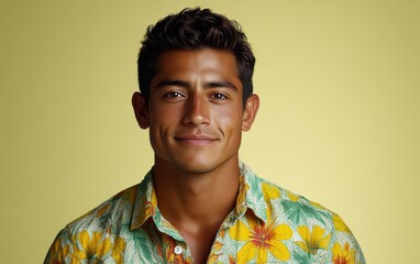 A young man with a smile on his face is wearing a floral shirt