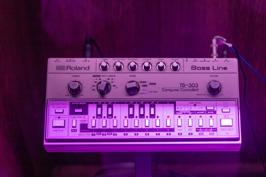 Roland TB-303 bass-line synthesizer in the house music museum in Amsterdam. Amsterdam, the Netherlands. 23 March 2024. 