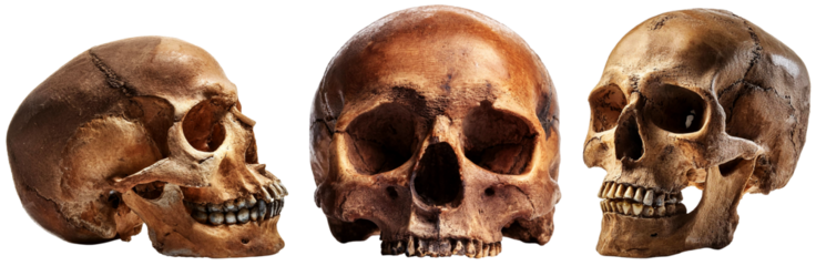 Extreme close-up, front and side view of three ancient human skulls. Isolated on white or transparent background, collection and variation. Png. Generative Ai.