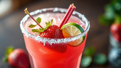 A refreshing summer cocktail with a strawberry garnish and a lime wedge, featuring a salted rim and a straw, perfect for a hot day.