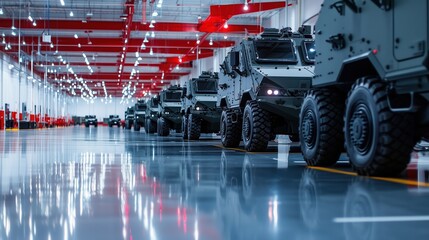 Military armored vehicles in grey paint with red ceiling lights. Defense storage concept