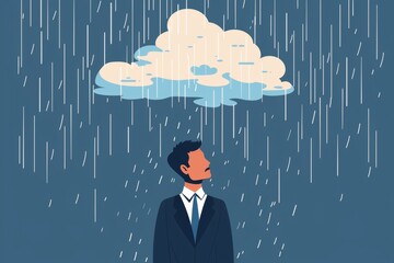 Businessman, standing under rain, pessimistic man under cloud, sad business man, unlucky, misfortune