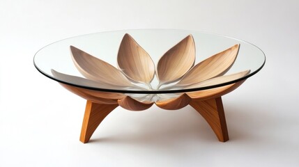 Glass-top coffee table with wooden leaf design.
