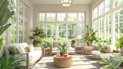 Fototapeta premium Sunlit conservatory with white sofas, wicker furniture, and abundant tropical plants.