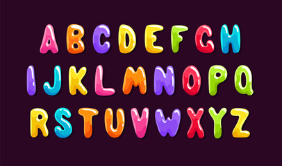 Jelly colorful alphabet. Soft glossy multicolored candy font. Isolated bright delicious sweet letters, lollipop or marmalade ABC. Vector illustration