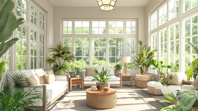 Sunlit conservatory with white sofas, wicker furniture, and abundant tropical plants.