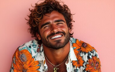 A young man with a smile on his face is wearing a floral shirt