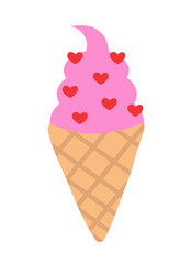 Ice cream in waffle cone with heart. Valentine day sweet food. Vector flat illustration.