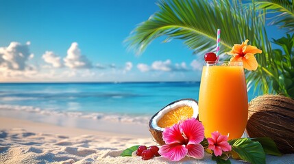 Refreshing Exotic Drink and Fresh Coconuts on a Tropical Beach Paradise Island Sea AI Generated