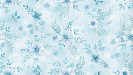 Serene Aqua Floral Pattern Delicate Watercolor Blooms and Lush Greenery on a Soft Blue Background